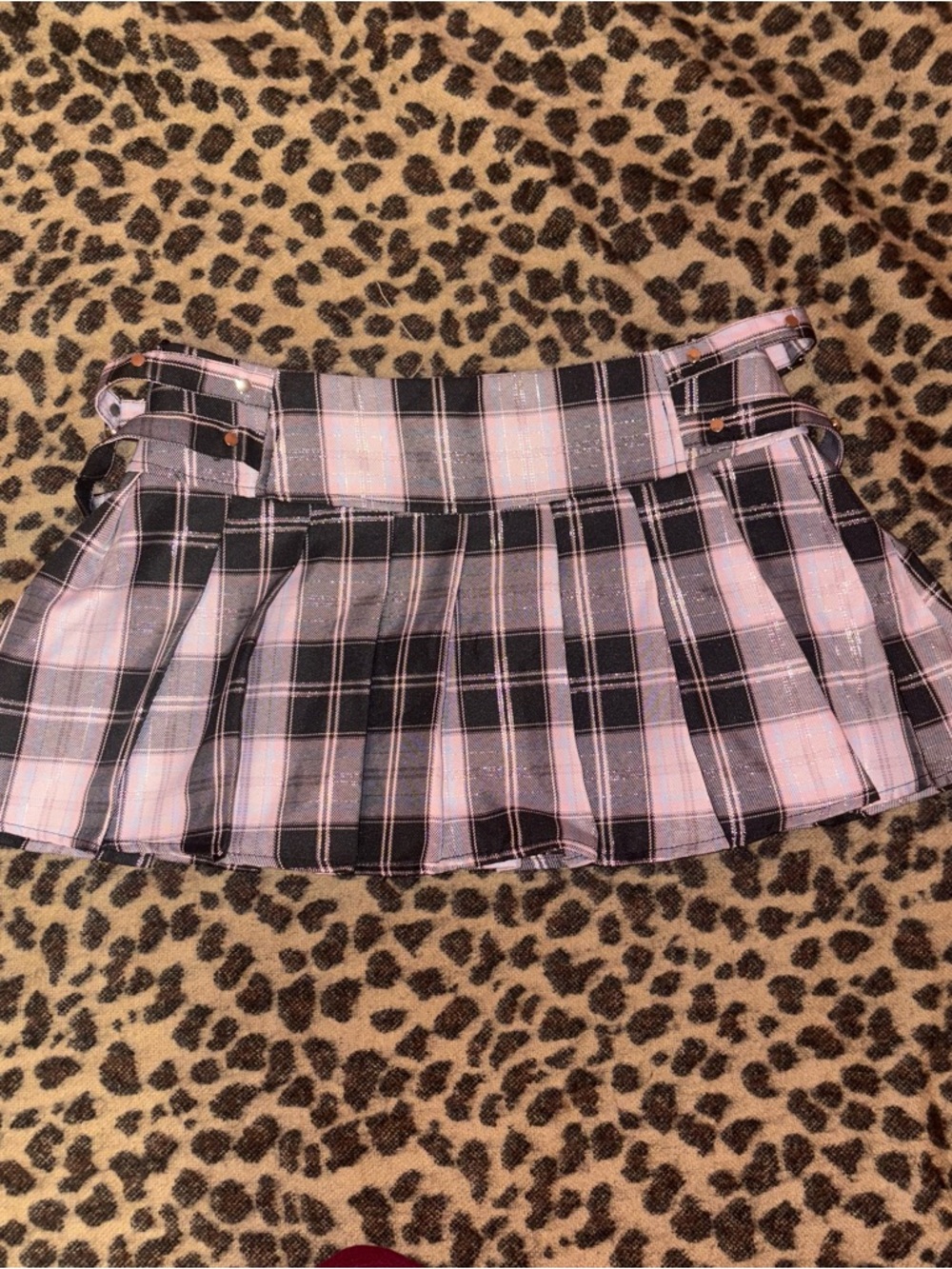 pink + black plaid mini skirt